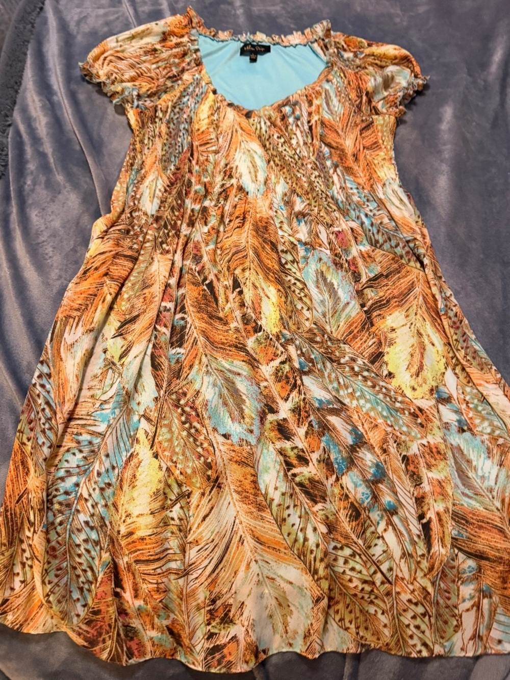 Melissa Paige Feather Print Lined Short Sleeve Dress Large